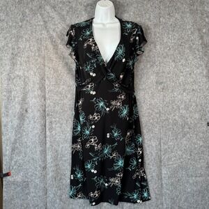 Y2K Vintage Scarlett Dress Womens 12 Midi Babydoll Black Floral Fairycore Wrap